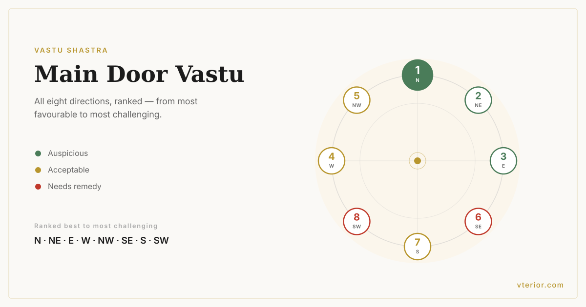 A compass diagram ranking the eight main door directions in Vastu, from North as most favourable to Southwest as most challenging.