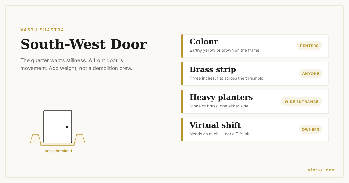 Four cards comparing South-West entrance remedies by housing type: colour on the doorframe, a brass threshold strip, heavy stone planters, and a professional audit for virtual shifting.